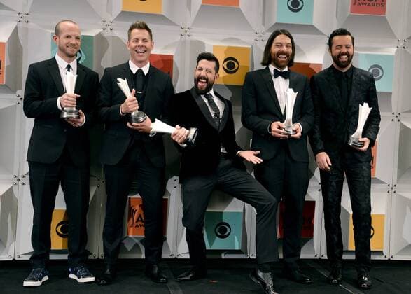 (L-R) Singers Whit Sellers, Trevor Rosen, Matthew Ramsey, Brad Tursi, and Geoff Sprung of Old Dominion, winners of New Vocal Duo or Group of the Year, backstage at the 51st annual Academy of Country Music Awards held at the MGM Grand Arena in Las Vegas, Nevada on April 3, 2016.  LAV20160403375 JIMxRUYMEN
