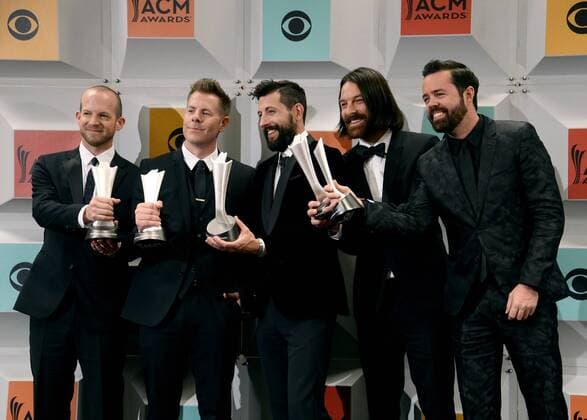 (L-R) Singers Whit Sellers, Trevor Rosen, Matthew Ramsey, Brad Tursi, and Geoff Sprung of Old Dominion, winners of New Vocal Duo or Group of the Year, backstage at the 51st annual Academy of Country Music Awards held at the MGM Grand Arena in Las Vegas, Nevada on April 3, 2016.  LAV20160403376 JIMxRUYMEN