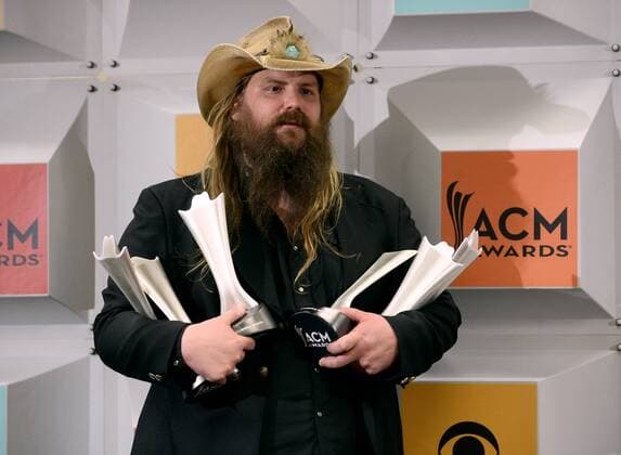 Singer-songwriter Chris Stapleton, winner of the Male Vocalist of the Year, New Male Vocalist of the Year, and Album of the Year awards, backstage at the 51st annual Academy of Country Music Awards held at the MGM Grand Arena in Las Vegas, Nevada on April 3, 2016.  LAV20160403396 JIMxRUYMEN