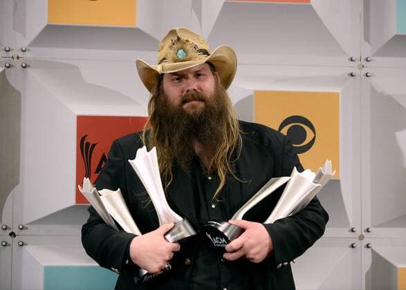 Singer-songwriter Chris Stapleton, winner of the Male Vocalist of the Year, New Male Vocalist of the Year, and Album of the Year awards, backstage at the 51st annual Academy of Country Music Awards held at the MGM Grand Arena in Las Vegas, Nevada on April 3, 2016.  LAV20160403397 JIMxRUYMEN