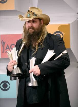 Singer-songwriter Chris Stapleton, winner of the Male Vocalist of the Year, New Male Vocalist of the Year, and Album of the Year awards, backstage at the 51st annual Academy of Country Music Awards held at the MGM Grand Arena in Las Vegas, Nevada on April 3, 2016.  LAV20160403394 JIMxRUYMEN