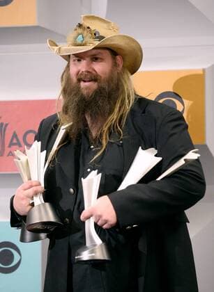 Singer-songwriter Chris Stapleton, winner of the Male Vocalist of the Year, New Male Vocalist of the Year, and Album of the Year awards, backstage at the 51st annual Academy of Country Music Awards held at the MGM Grand Arena in Las Vegas, Nevada on April 3, 2016.  LAV20160403395 JIMxRUYMEN