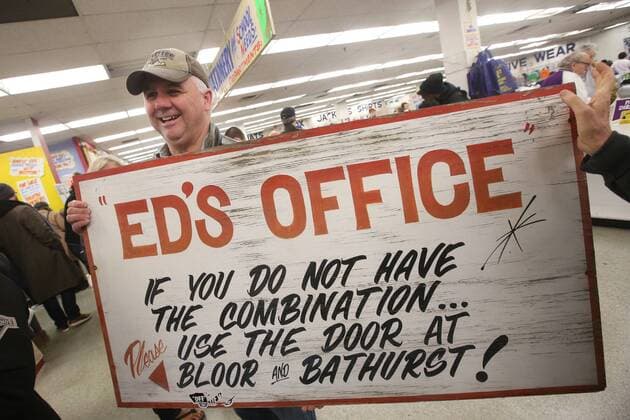 April 3, 2016 - Toronto, ON, Canada - TORONTO, ON - APRIL 3 - -Dave Hawthorne holds up a sign(most expensive sign) that he wants to buy at Honest Ed s hand painted sign sale. Toronto Canada  - ZUMAt14_