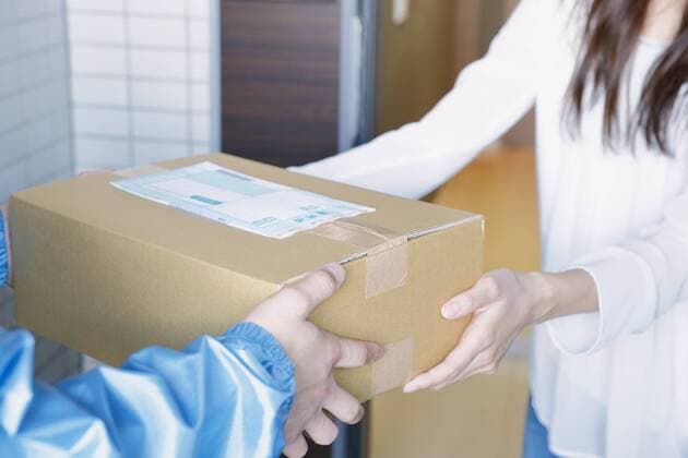Young Japanese woman getting package from delivery man  (jjig004118)