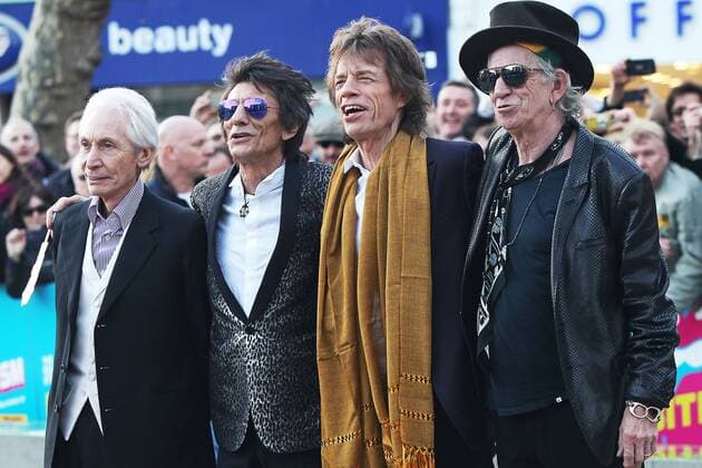 Die Rolling Stones mit Charlie Watts, Ronnie Wood, Mick Jagger und Keith Richards bei ihrer Exhibitionism Ausstellungseroeffnung am 4.04.2016 in der Saatchi Gallery in London The Rolling Stones: Exhibitionism - Private View in London, 2016 