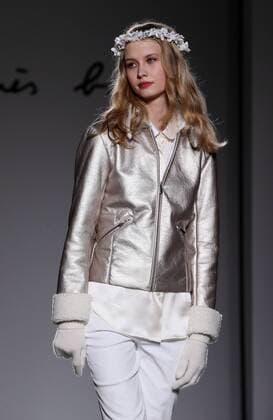 April 7, 2016, Tokyo, Japan - A model displays creation of French brand agnes b. during 2016-2017 fall and winter collection in Tokyo on Thursday, April 7, 2016.  (lwxa001004)