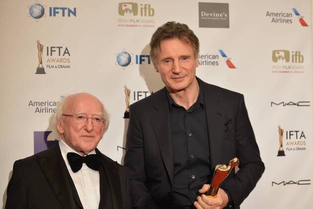 April 9, 2016 - Dublin, Ireland - Liam Neeson, a Northern Irish actor, pictured with the Irish President, Michael D Higgins, after he recived a Lifetime Achievement Award at the IFTA 2016 Film & Drama Awards, at the Mansion House in Dublin..Dublin, Ireland, on Saturday 9 April 2016. Dublin Ireland  - ZUMAn230