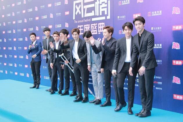 SHENZHEN, CHINA - APRIL 09: (CHINA OUT) South Korean boy group EXO attend the 16th Top Chinese Music Annual Festival on April 9, 2016 in Shenzhen, Guangdong Province of China.  CFP482520958