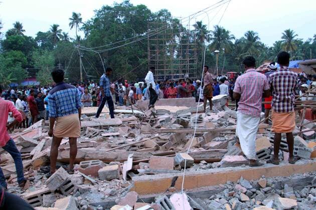(160410) -- KERALA (INDIA), April 10, 2016 -- The site of the Puttingal Devi temple fire is seen in the southern Indian state Kerala, on April 10, 2016. In a major tragedy, over 80 people, including some policemen, were killed and 250 injured in a major fire caused by festive firework at the famous Puttingal Devi temple in Paravur, Kollam of the southern Indian state Kerala early Sunday morning, said police. INDIA-KERALA-PUTTINGAL DEVI TEMPLE-FIRE stringer 