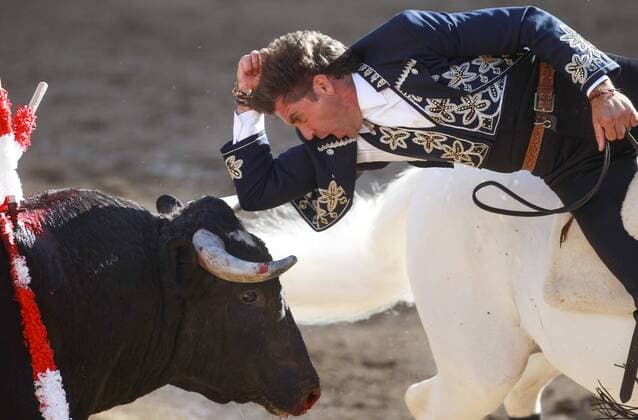 Stierkampf im Plaza Monumental in Tijuana, Mexiko April 10, 2016 - Tijuana, MEXICO - TIJUANA, April 10, 2016 Matador Pablo Hermoso touches a bull s head with his elbow as he fights the bull on horseback at the Plaza Monumental in Tijuana, Mexico on Sunday, April 10, 2016. -Mandatory Photo Credit: Photo by Hayne Palmour IV San Diego Union-Tribune, LLC Tijuana MEXICO - ZUMAs44_