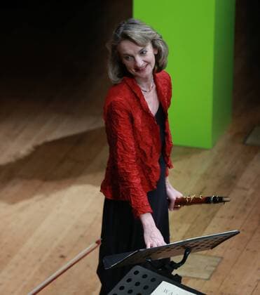 Musikfestival Heidelberger Frühling - Sabine Meyer -- HEIDELBERG, April 12, 2016 -- German classical clarinetist Sabine Meyer reacts on the stage at the Kongresshaus Stadthalle Heidelberg during the Heidelberger Fruehling festival in Heidelberg, Germany, on April 12, 2016. The Heidelberger Fruehling festival is held from April 2 to April 30. ) (lyi) GERMAN-HEIDELBERG-FRUEHLING FESTIVAL-SABINE MEYER LuoxHuanhuan 