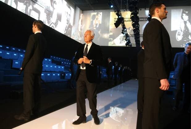 MOSCOW, RUSSIA. APRIL 14, 2016. Italian fashion designer Giorgio Armani attends a runway show for his brand s fall 2016 collection. Vyacheslav Prokofyev TASS  TS01F8E4