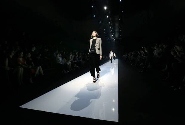 MOSCOW, RUSSIA. APRIL 14, 2016. Models showcase creations during a runway show for Giorgio Armani fashion house s fall 2016 collection. Vyacheslav Prokofyev TASS  TS01F949