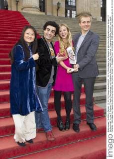 Jin Ju (Preisträgerin der Kategorie „Solistische Einspielung des Jahres (19. Jahrhundert), Klavier ), Rolando Villazón (Opernsänger und Moderator Echo Klassik), Nina Eichinger (Moderatorin Echo Klassik) und Vasily Petrenko (Preisträger der Kategorie „Nachwuchskünstler des Jahres, Dirigat ) - Pressekonferenz Echo Klassik 2012 anlässlich der Verleihung am 14.10.212 im Konzerthaus am Genadarmenmarkt in Berlin am 12.10.2012. Echo Klassik 2012 Pressekonferenz