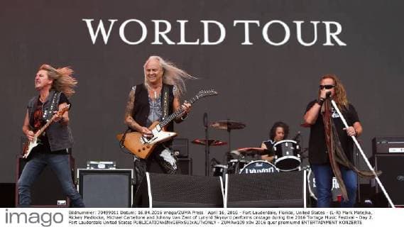 April 16, 2016 - Fort Lauderdale, Florida, United States - (L-R) Mark Matejka, Rickey Medlocke, Michael Cartellone and Johnny Van Zant of Lynyrd Skynyrd performs onstage during the 2016 Tortuga Music Festival - Day 2. Fort Lauderdale United States - ZUMAw109