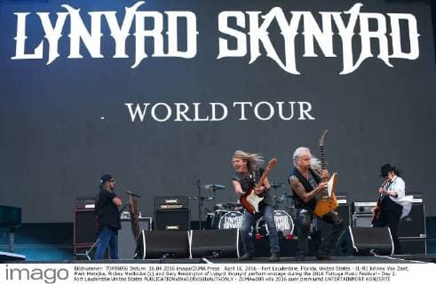 April 16, 2016 - Fort Lauderdale, Florida, United States - (L-R) Johnny Van Zant, Mark Matejka, Rickey Medlocke (L) and Gary Rossington of Lynyrd Skynyrd perform onstage during the 2016 Tortuga Music Festival - Day 2. Fort Lauderdale United States - ZUMAw109