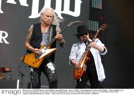 April 16, 2016 - Fort Lauderdale, Florida, United States - Rickey Medlocke (L) and Gary Rossington of Lynyrd Skynyrd perform onstage during the 2016 Tortuga Music Festival - Day 2. Fort Lauderdale United States - ZUMAw109