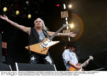April 16, 2016 - Fort Lauderdale, Florida, United States - Rickey Medlocke (L) and Gary Rossington of Lynyrd Skynyrd perform onstage during the 2016 Tortuga Music Festival - Day 2. Fort Lauderdale United States - ZUMAw109