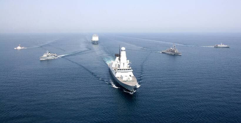 April 11, 2016 - Gulf Of Oman, Oman - Navy ships led by the HMS Defender and Royal Fleet Auxiliary ship RFA Cardigan Bay anchor a formation during International Mine Countermeasures Exercises April 11, 2016 near the Straits of Hormuz. IMCMEX includes navies from 44 countries whose focus is to promote regional security through mine countermeasure operations. Gulf Of Oman Oman - ZUMAp138