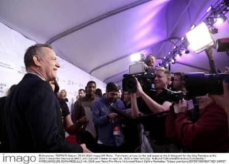 Tom Hanks arrives on the red carpet at the A Hologram for the King Premiere at the 2016 Tribeca Film Festival at BMCC John Zuccotti Theater on April 20, 2016 in New York City.  NYP20160420108 JOHNxANGELILLO