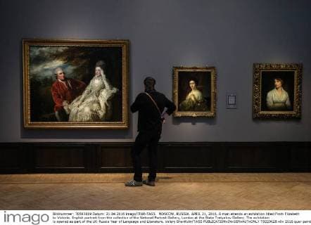 MOSCOW, RUSSIA. APRIL 21, 2016. A man attends an exhibition titled From Elizabeth to Victoria. English portrait from the collection of the National Portrait Gallery, London at the State Tretyakov Gallery. The exhibition is opened as part of the UK-Russia Year of Language and Literature. Valery Sharifulin TASS  TS020628
