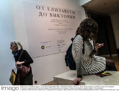MOSCOW, RUSSIA. APRIL 21, 2016. People attend an exhibition titled From Elizabeth to Victoria. English portrait from the collection of the National Portrait Gallery, London at the State Tretyakov Gallery. The exhibition is opened as part of the UK-Russia Year of Language and Literature. Valery Sharifulin TASS  TS020629
