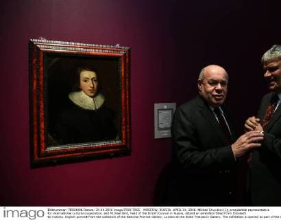 MOSCOW, RUSSIA. APRIL 21, 2016. Mikhail Shvydkoi (L), presidential representative for international cultural cooperation, and Michael Bird, head of the British Council in Russia, attend an exhibition titled From Elizabeth to Victoria. English portrait from the collection of the National Portrait Gallery, London at the State Tretyakov Gallery. The exhibition is opened as part of the UK-Russia Year of Language and Literature. Valery Sharifulin TASS  TS02062F