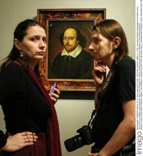 MOSCOW, RUSSIA. APRIL 21, 2016. Portrait of William Shakespeare by English artist John Taylor on display at an exhibition titled From Elizabeth to Victoria. English portrait from the collection of the National Portrait Gallery, London at the State Tretyakov Gallery. The exhibition is opened as part of the UK-Russia Year of Language and Literature. Valery Sharifulin TASS  TS020630