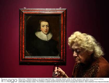 MOSCOW, RUSSIA. APRIL 21, 2016. Portrait of John Milton by an unknown artist on display at an exhibition titled From Elizabeth to Victoria. English portrait from the collection of the National Portrait Gallery, London at the State Tretyakov Gallery. The exhibition is opened as part of the UK-Russia Year of Language and Literature. Valery Sharifulin TASS  TS020634