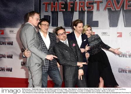 Paul Bettany, Anthony Russo, Robert Downey Jr., Daniel Brühl und Emily VanCamp bei der Premiere des Kinofilms The First Avenger: Civil War Captain America: Civil War im CineStar Sony Center. Berlin, 21.04.2016 Foto:xFredericx xFuturexImage