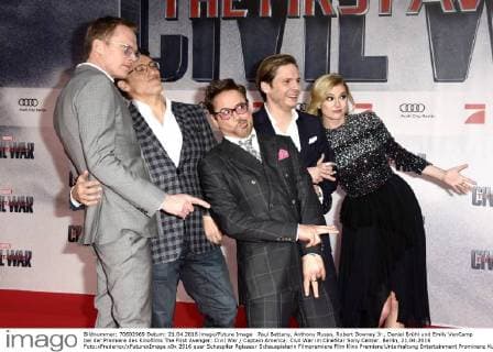 Paul Bettany, Anthony Russo, Robert Downey Jr., Daniel Brühl und Emily VanCamp bei der Premiere des Kinofilms The First Avenger: Civil War Captain America: Civil War im CineStar Sony Center. Berlin, 21.04.2016 Foto:xFredericx xFuturexImage