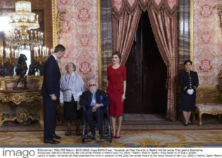 Fernando del Paso Morante in Madrid mit Cervantes Preis geehrt Spanisches Königspaar während Verleihung des Cervantes Preises in Madrid April 22, 2016 - Madrid, Madrid, Spain - King Felipe VI of Spain, Queen Letizia of Spain, Fernando del Paso attended the lunch in ocassion of the 2015 Cervantes Award at the Royal Palace on April 22, 2016 in Madrid, Spain Madrid Spain  - ZUMAg15_