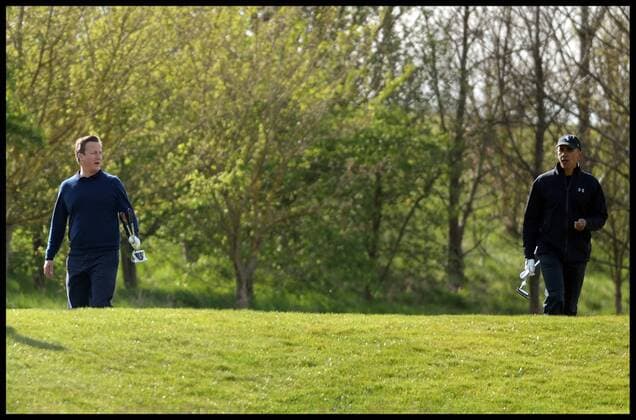 . 23 04 2016. London, United Kingdom. David Cameron and President Obama playing golf. The British Prime Minister David Cameron and the President of the United States President Obama playing golf at the Grove Golf Club.  xAndrewxParsonsx xi-Imagesx IIM-12491-0001