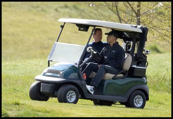 . 23 04 2016. London, United Kingdom. David Cameron and President Obama playing golf. The British Prime Minister David Cameron and the President of the United States President Obama playing golf at the Grove Golf Club.  xAndrewxParsonsx xi-Imagesx IIM-12491-0003