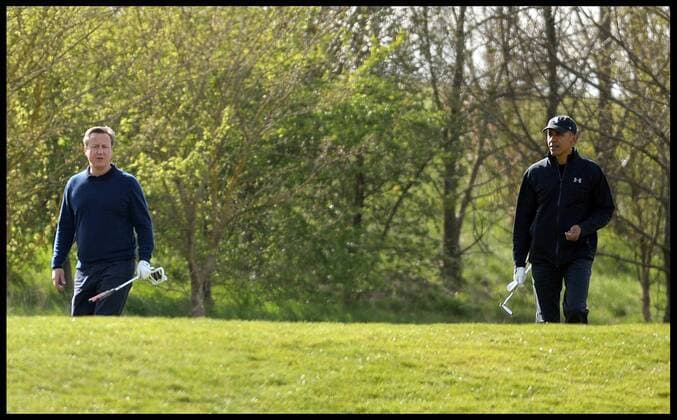 . 23 04 2016. London, United Kingdom. David Cameron and President Obama playing golf. The British Prime Minister David Cameron and the President of the United States President Obama playing golf at the Grove Golf Club.  xAndrewxParsonsx xi-Imagesx IIM-12491-0005