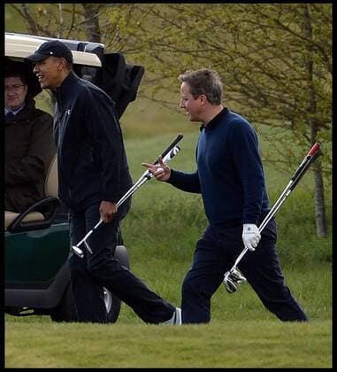 . 23 04 2016. London, United Kingdom. David Cameron and President Obama playing golf. The British Prime Minister David Cameron and the President of the United States President Obama playing golf at the Grove Golf Club.  xAndrewxParsonsx xi-Imagesx IIM-12491-0008