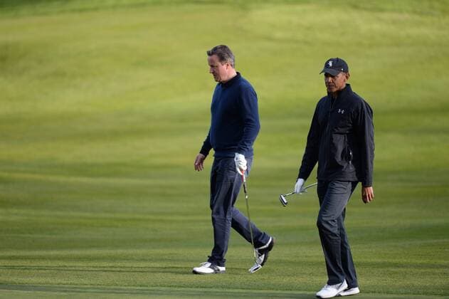 . 23 04 2016. London, United Kingdom. David Cameron and President Obama playing golf.  xAndrewxParsonsx xi-Imagesx IIM-12491-0036