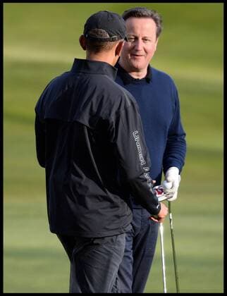 . 23 04 2016. London, United Kingdom. David Cameron and President Obama playing golf. The British Prime Minister David Cameron playing golf against the President of the United States, President Obama at golf at the Grove Golf Club.  xAndrewxParsonsx xi-Imagesx IIM-12491-0037