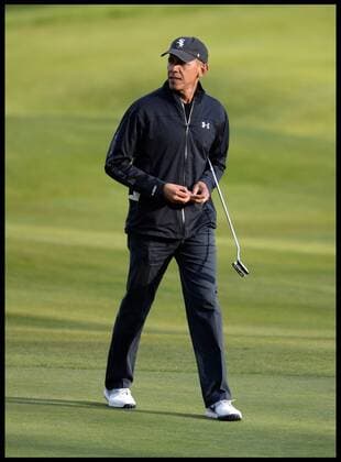 . 23 04 2016. London, United Kingdom. David Cameron and President Obama playing golf. The British Prime Minister David Cameron playing golf against the President of the United States, President Obama at golf at the Grove Golf Club.  xAndrewxParsonsx xi-Imagesx IIM-12491-0049