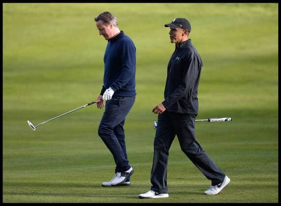 . 23 04 2016. London, United Kingdom. David Cameron and President Obama playing golf. The British Prime Minister David Cameron playing golf against the President of the United States, President Obama at golf at the Grove Golf Club.  xAndrewxParsonsx xi-Imagesx IIM-12491-0054