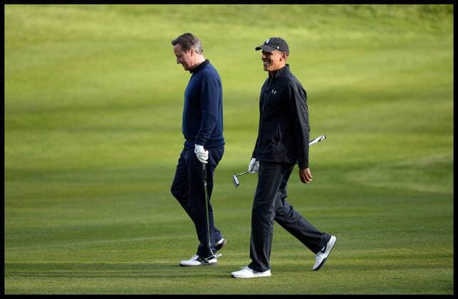 . 23 04 2016. London, United Kingdom. David Cameron and President Obama playing golf. The British Prime Minister David Cameron playing golf against the President of the United States, President Obama at golf at the Grove Golf Club.  xAndrewxParsonsx xi-Imagesx IIM-12491-0056