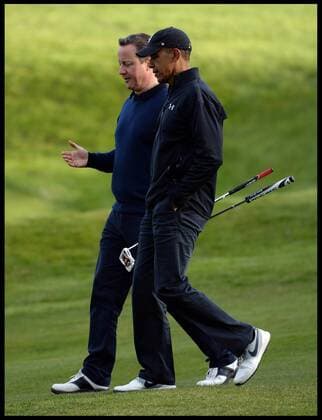 . 23 04 2016. London, United Kingdom. David Cameron and President Obama playing golf. The British Prime Minister David Cameron playing golf against the President of the United States, President Obama at golf at the Grove Golf Club.  xAndrewxParsonsx xi-Imagesx IIM-12491-0062