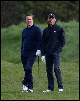 . 23 04 2016. London, United Kingdom. David Cameron and President Obama playing golf. The British Prime Minister David Cameron playing golf against the President of the United States, President Obama at golf at the Grove Golf Club.  xAndrewxParsonsx xi-Imagesx IIM-12491-0066