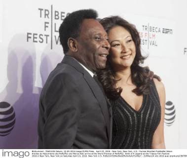 April 23, 2016 - New York, New York, U.S - Former Brazilian Footballer Edson Arantes do Nascimento aka PelÃƒÂ© and Marcia Aoki arrive at the World Premier of PelÃƒÂ©: Birth of A Legend at the Tribeca Film Festival 2016 in New York, New York on Saturday April 23, 2016. New York U.S. - ZUMAp124