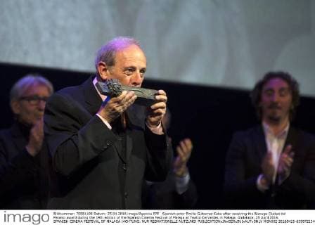 Spanish actor Emilio Gutierrez Caba after receiving the Biznaga Ciudad del Paraiso award during the 19th edition of the Spanish Cinema Festival of Malaga at Teatro Cervantes in Malaga, Andalusia, 25 April 2016. SPANISH CINEMA FESTIVAL OF MALAGA !ACHTUNG: NUR REDAKTIONELLE NUTZUNG!  MGA002 20160425-635972234896497624