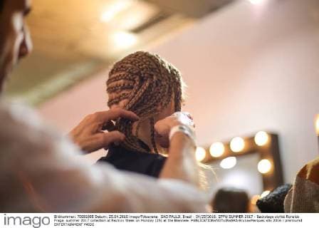 SAO PAULO, Brazil - 04 25 2016: SPFW SUMMER 2017 - Backstage stylist Ronaldo Fraga. summer 2017 collection at Fashion Week on Monday (25) at the Biennale.  BrunaxMarques