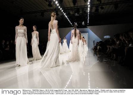 April 26, 2016 - Barcelona, Catalonia, Spain - Models walk the runway presenting wedding dresses of the Spring Summer 2017 collection during the Rosa Clara catwalk show at the Barcelona Bridal Fashion Week 2016 Barcelona Spain - ZUMAo105