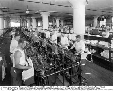 Troy, New York: c. 1933 The collar turning department in the clothing factory of Cluett Peabody & Co., manufacturer of Arrow brand shirts. Underwood Archives The Image Works xUnderwoodxArchives 1-Work-Fact-Men_8