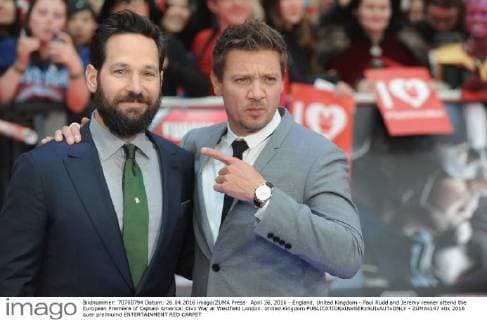 April 26, 2016 - England, United Kingdom - Paul Rudd and Jeremy renner attend the European Premiere of Captain America: Civil War at Westfield London. United Kingdom - ZUMAs147