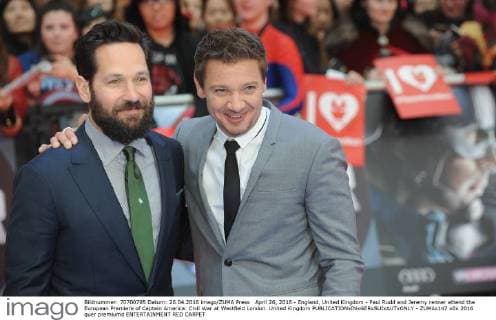 April 26, 2016 - England, United Kingdom - Paul Rudd and Jeremy renner attend the European Premiere of Captain America: Civil War at Westfield London. United Kingdom - ZUMAs147